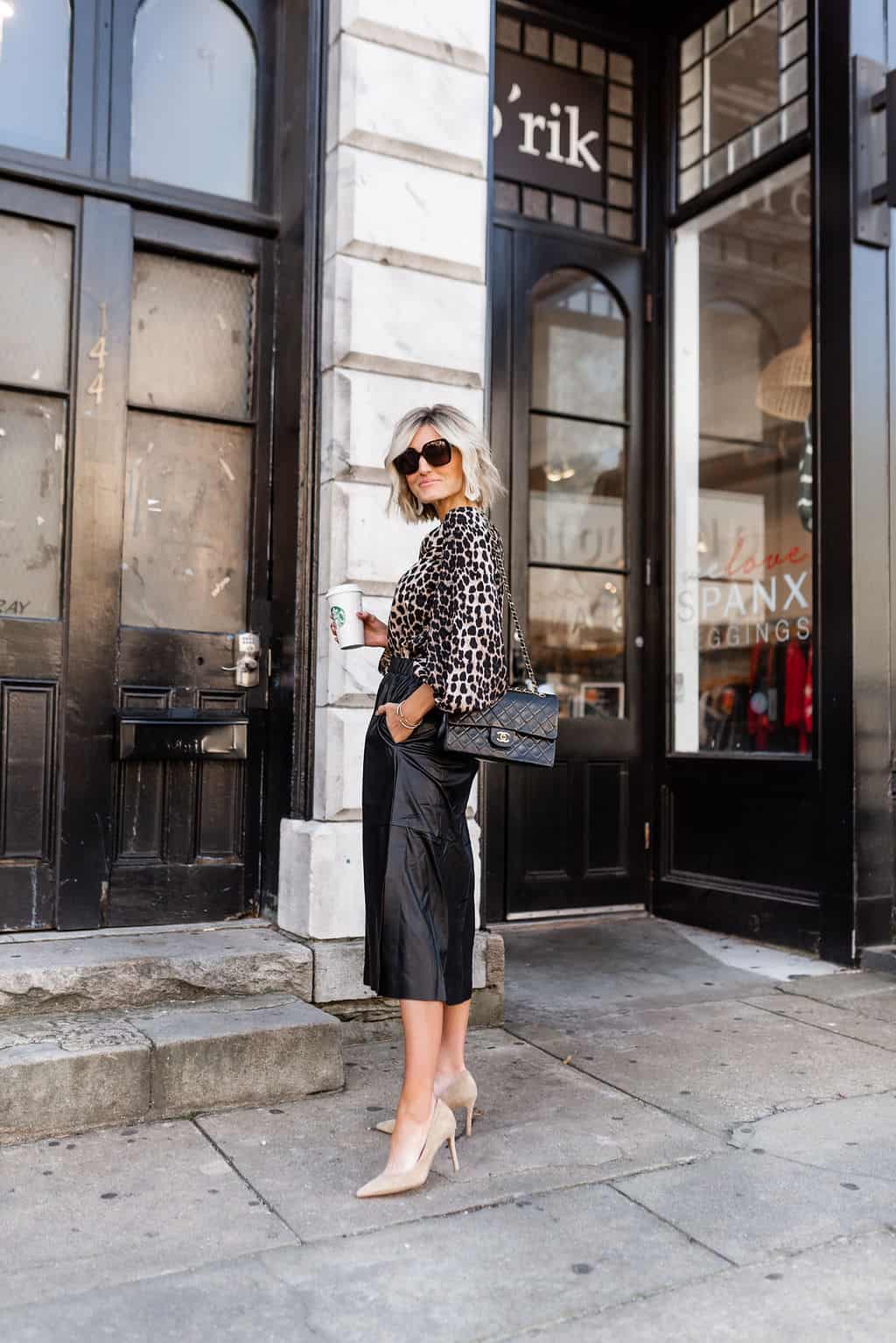 Black Culotte Leather Skirt with Leopard Print Blouse Black Culotte Leather Skirt with Leopard Print Blouse — Leather Skirt Outfits