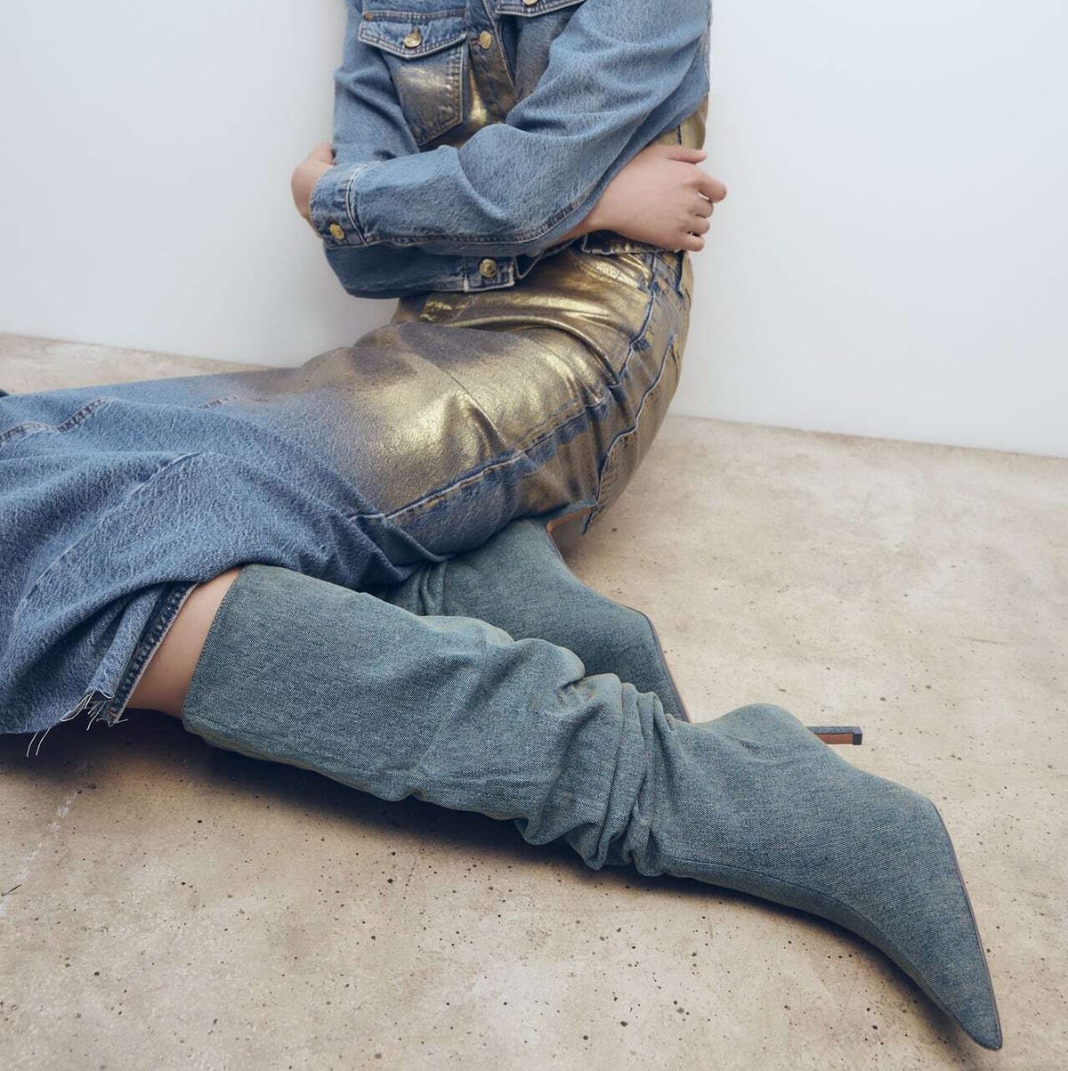 Denim on Denim: Jacket, Metallic Skirt, and Light Blue Slouchy Boots Denim on Denim: Jacket, Metallic Skirt, and Light Blue Slouchy Boots — Slouchy Boots Outfits