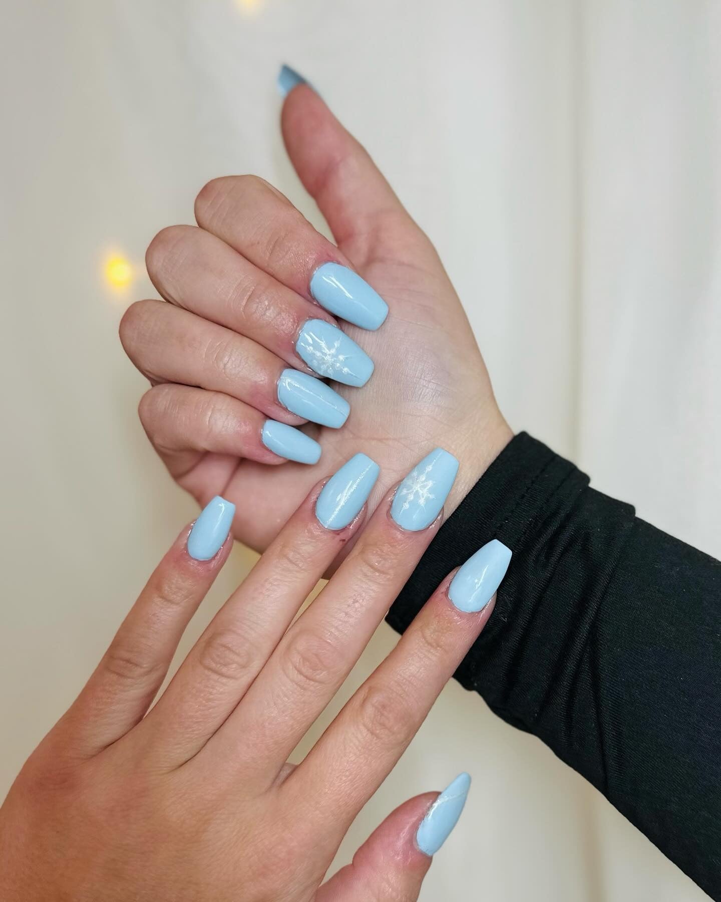 Pastel Blue Coffin with Snowflake Accents Pastel Blue Coffin with Snowflake Accents — Pastel Winter Nails