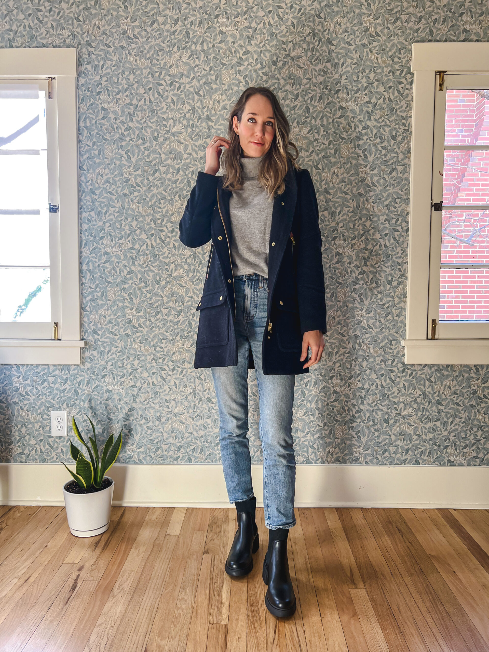 Practical Chic: Navy Wool Coat with Grey Turtleneck and Jeans — Winter Capsule Wardrobe