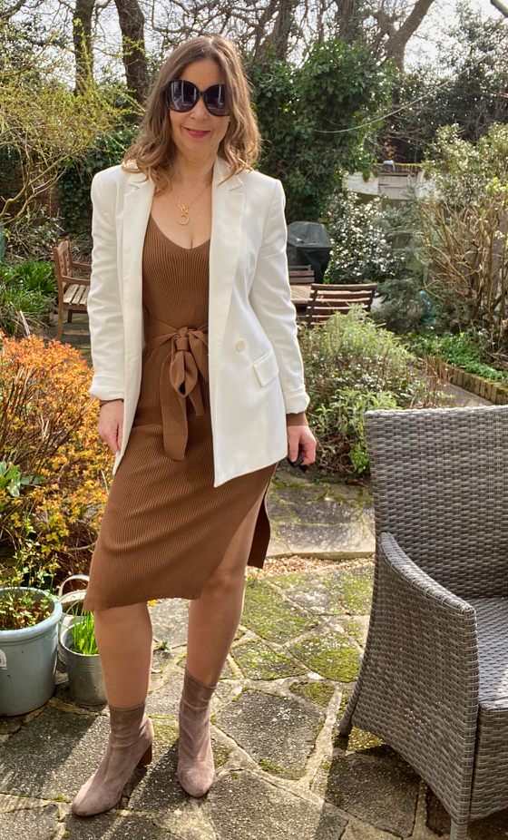 White Blazer Over Brown Knit Dress — Winter to Spring Transition Outfits