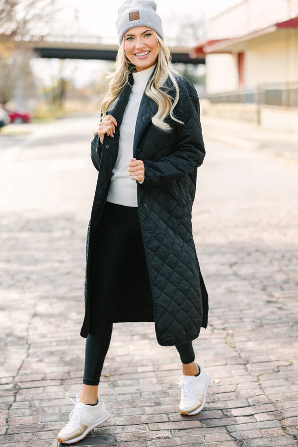 Quilted Comfort: Long Coat Over Turtleneck and Leggings Quilted Comfort: Long Coat Over Turtleneck and Leggings — Winter Layering Outfits