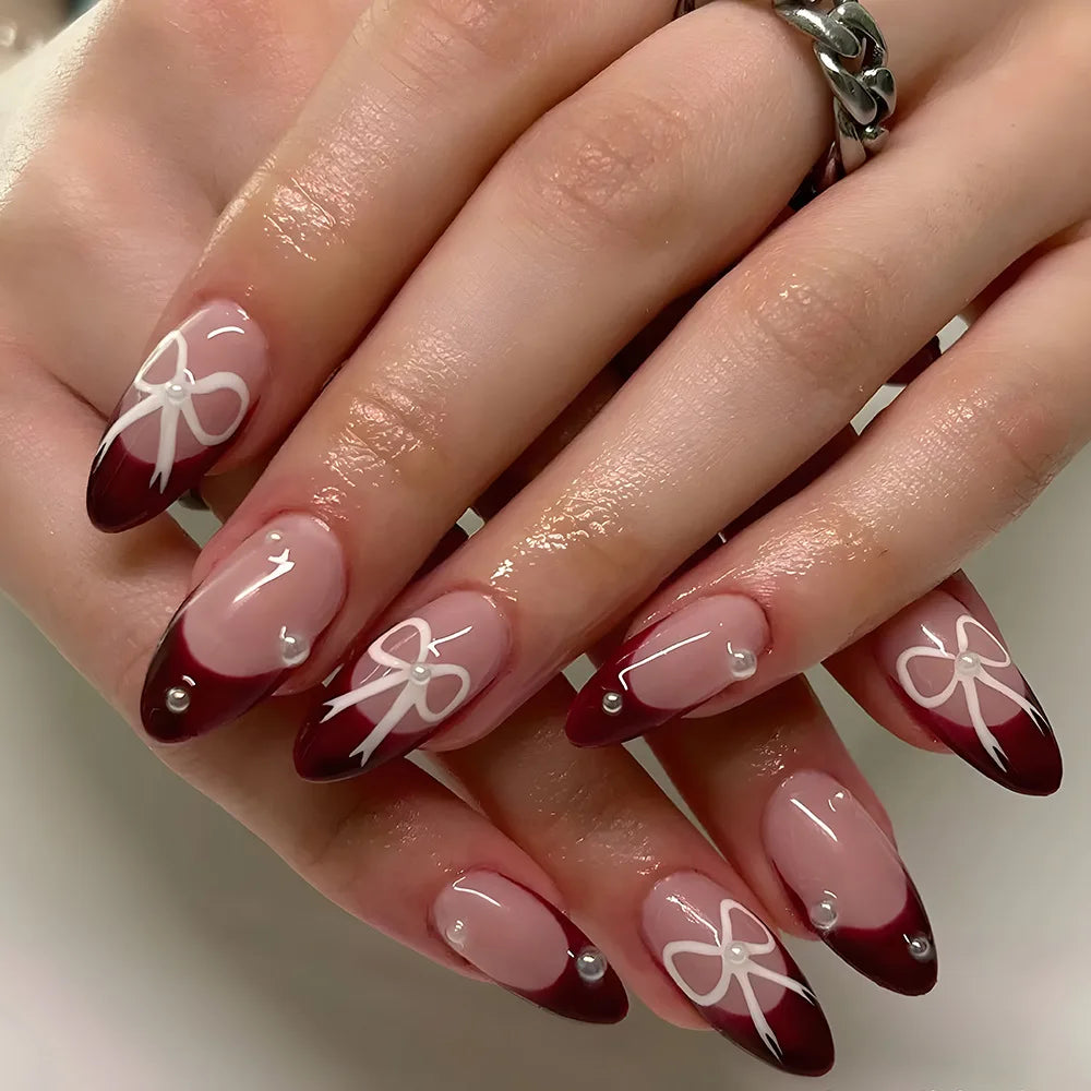 Burgundy French Tips with White Bows and Pearls Burgundy French Tips with White Bows and Pearls — Burgundy Nails