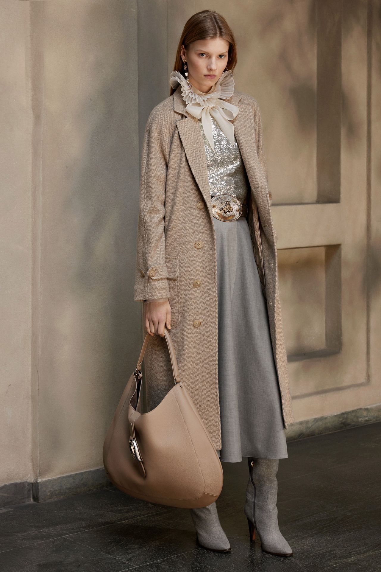 Elegant Coat over Sequined Top and Ruffled Blouse Elegant Coat over Sequined Top and Ruffled Blouse — Early Winter Outfits