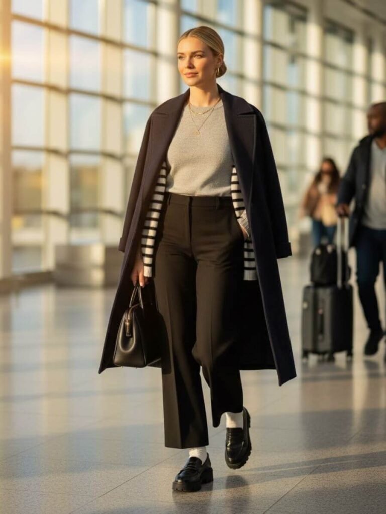 Tailored Navy Coat with Striped Knit and Loafers — Winter Airport Outfits