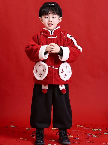 Red Fleece Jacket with Chinese Knot Buttons for Festive Casual Wear Winter Outfits for Kids