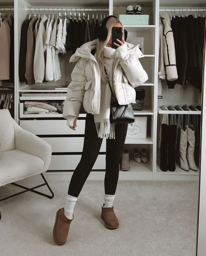 All-White Puffer Jacket Ensemble for a Cozy Casual Day — Snow Day Outfits