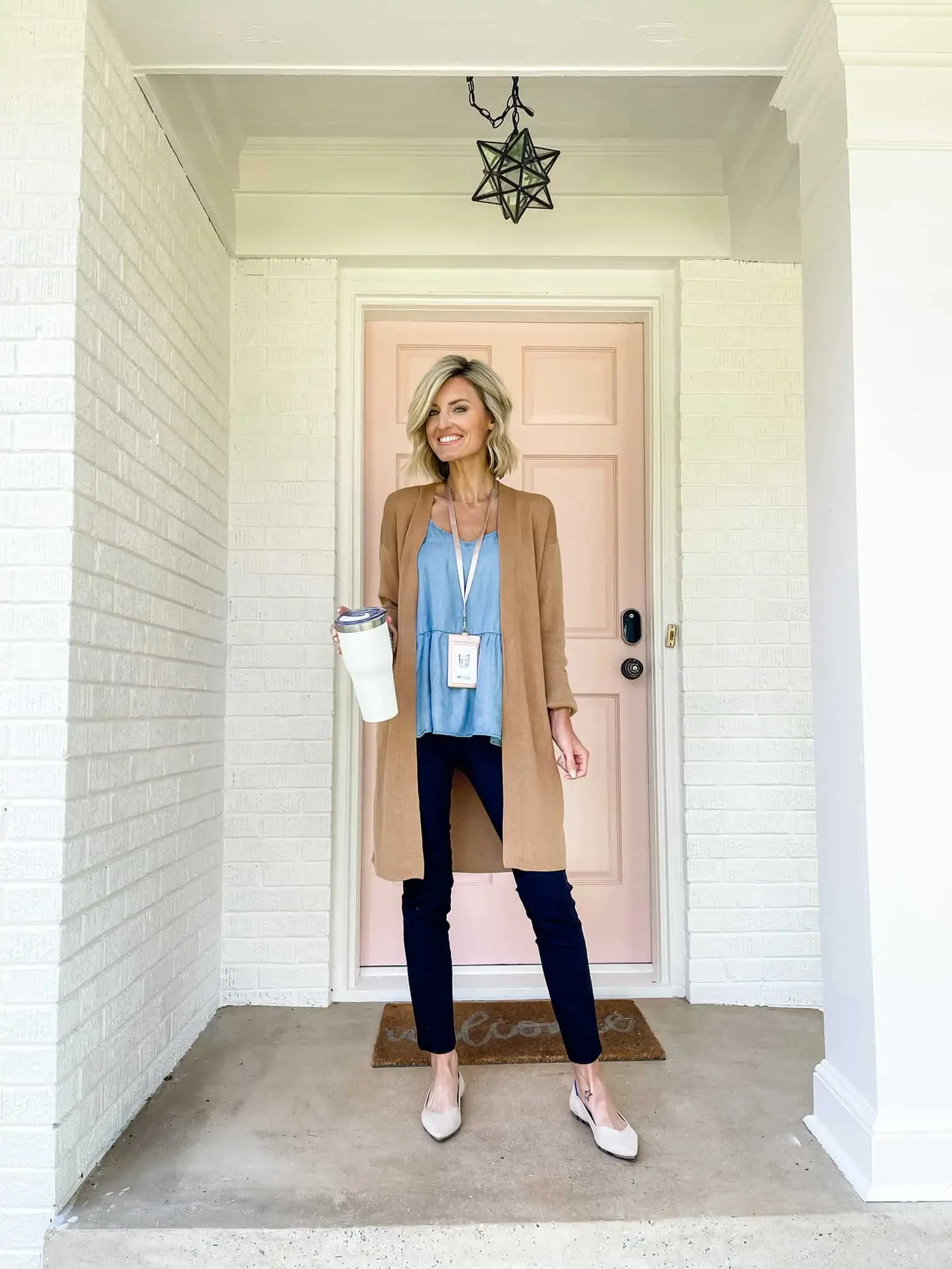 Long Camel Cardigan with Navy Trousers Long Camel Cardigan with Navy Trousers — Winter Teacher Outfits