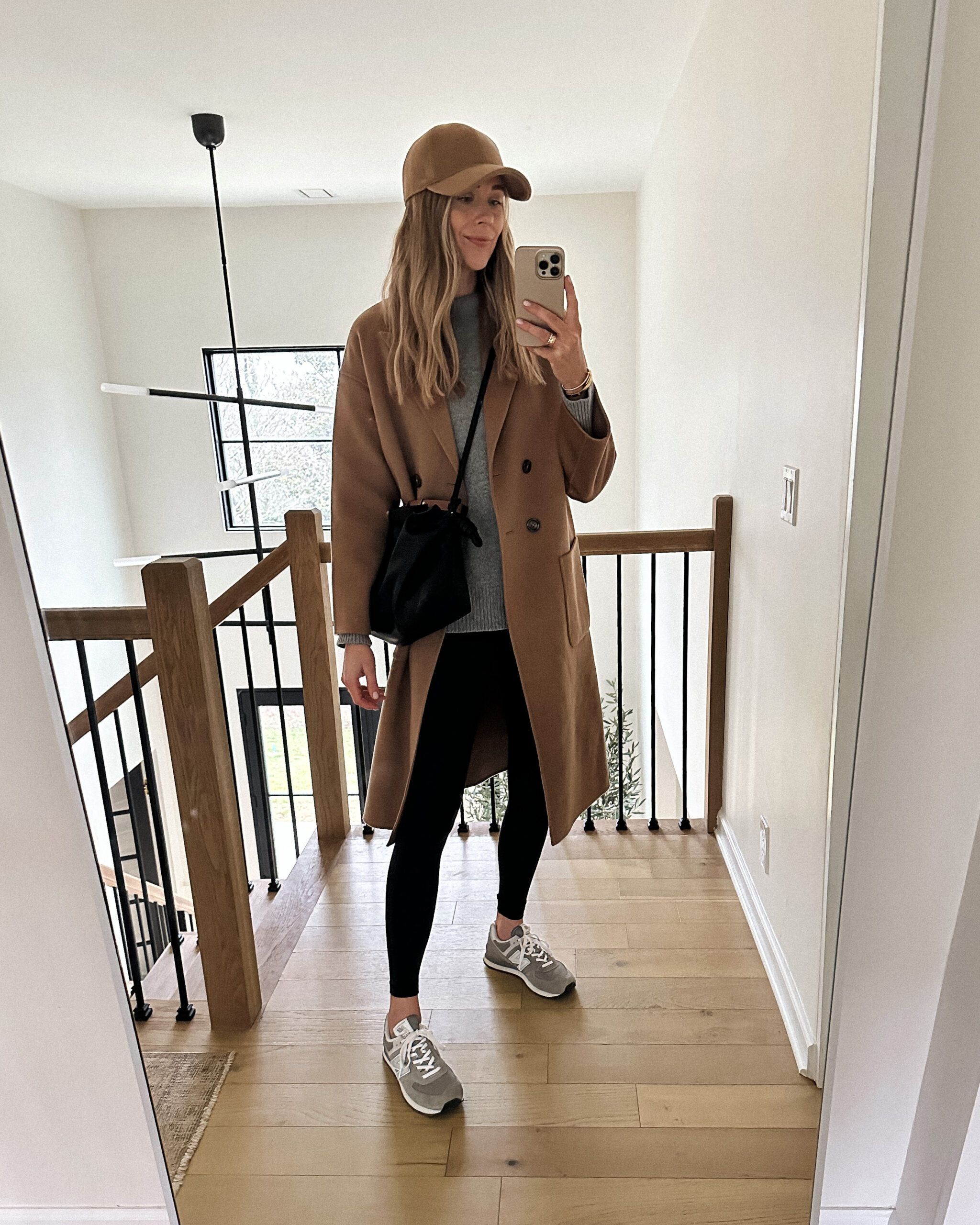 Camel Coat and Grey Turtleneck for Chic Winter Athleisure — Winter Athleisure Outfits