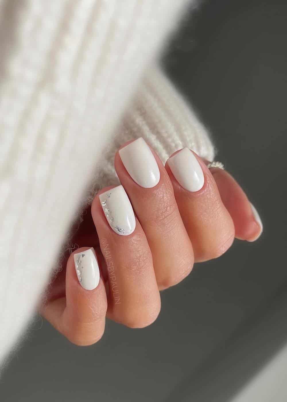 Opaque White Silver Foil Accents Opaque White Silver Foil Accents — Winter Squoval Nails