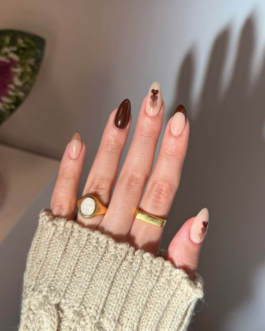 Brown French Tips with Floral Motifs — Mocha Nails