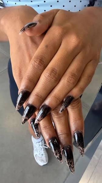 Long Coffin Matte Black with 3D Roses and Gold Trim Long Coffin Matte Black with 3D Roses and Gold Trim — black nail ideas