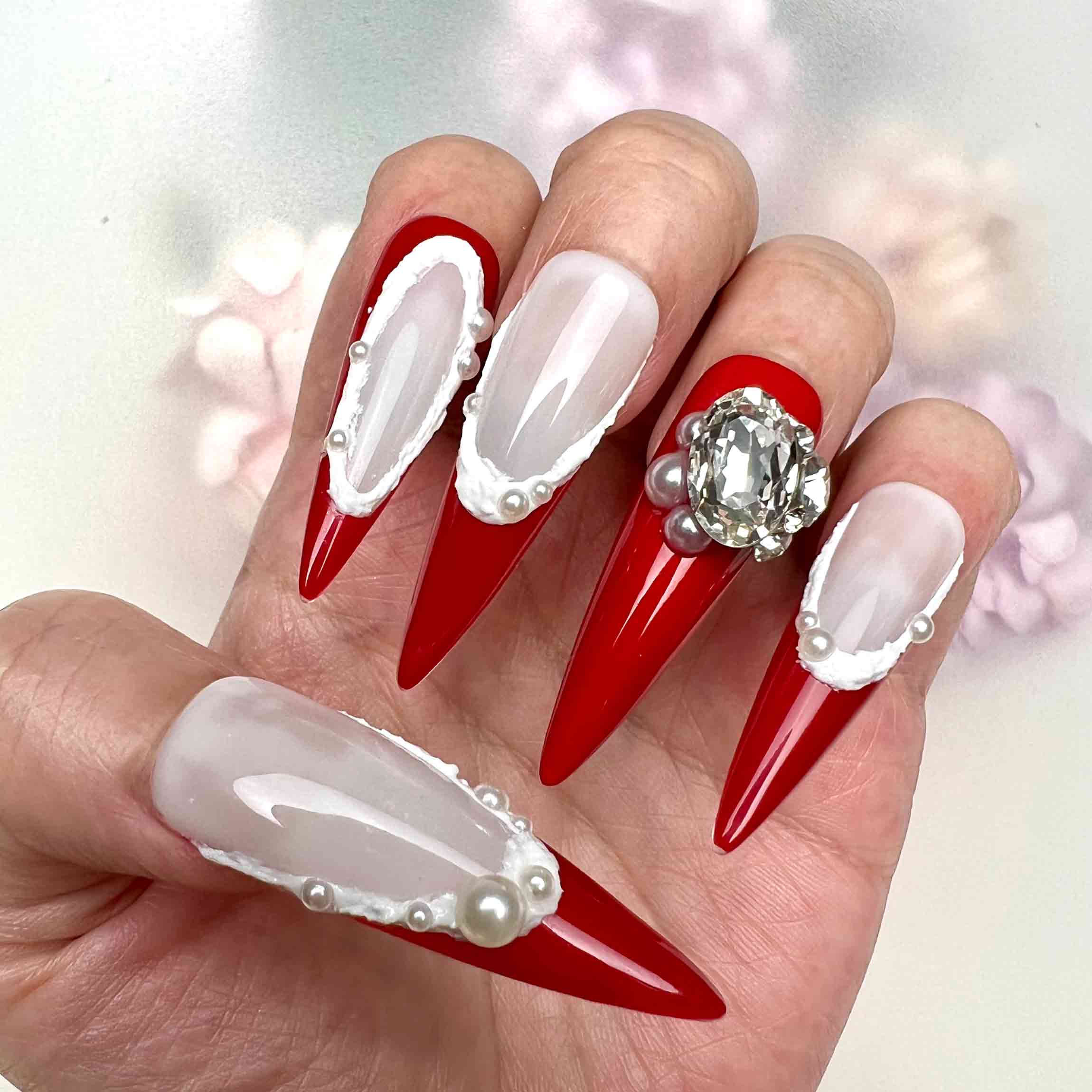Glossy Red Stiletto With Pearls And Rhinestones Glossy Red Stiletto With Pearls And Rhinestones — Winter Stiletto Nails