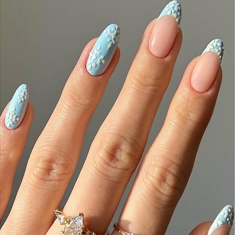 Matte Blue 3D Snowflake Oval Nails Matte Blue 3D Snowflake Oval Nails — Classy Winter Nails