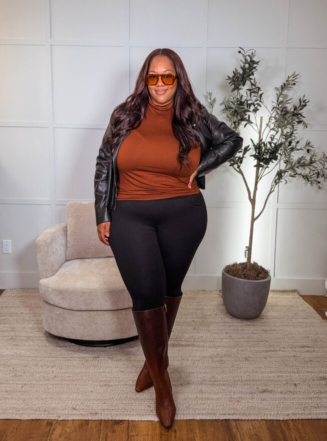 Leather Jacket and Rust Turtleneck with Black Leggings Leather Jacket and Rust Turtleneck with Black Leggings — Winter Outfits with Leggings