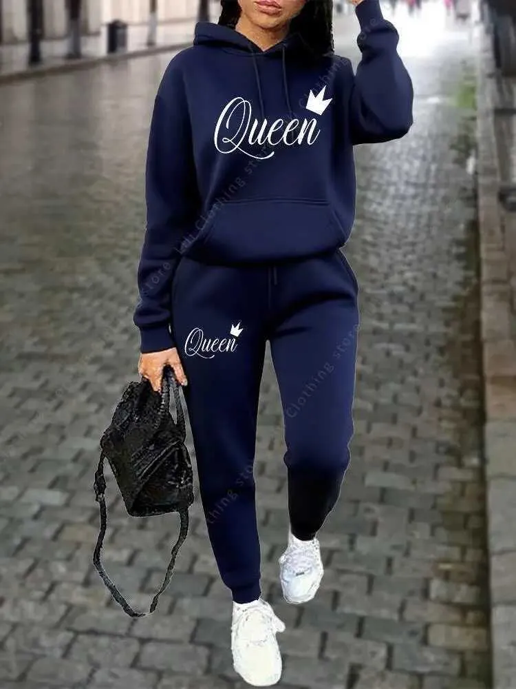 Navy Blue 'Queen' Tracksuit Set — Winter Streetwear Outfits