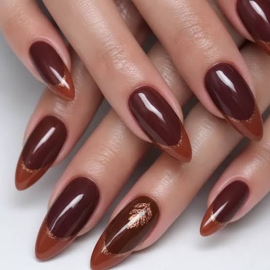 Long Almond Deep Brown Gold French Nails Long Almond Deep Brown Gold French Nails — Winter Nail Colors for Women Over 60
