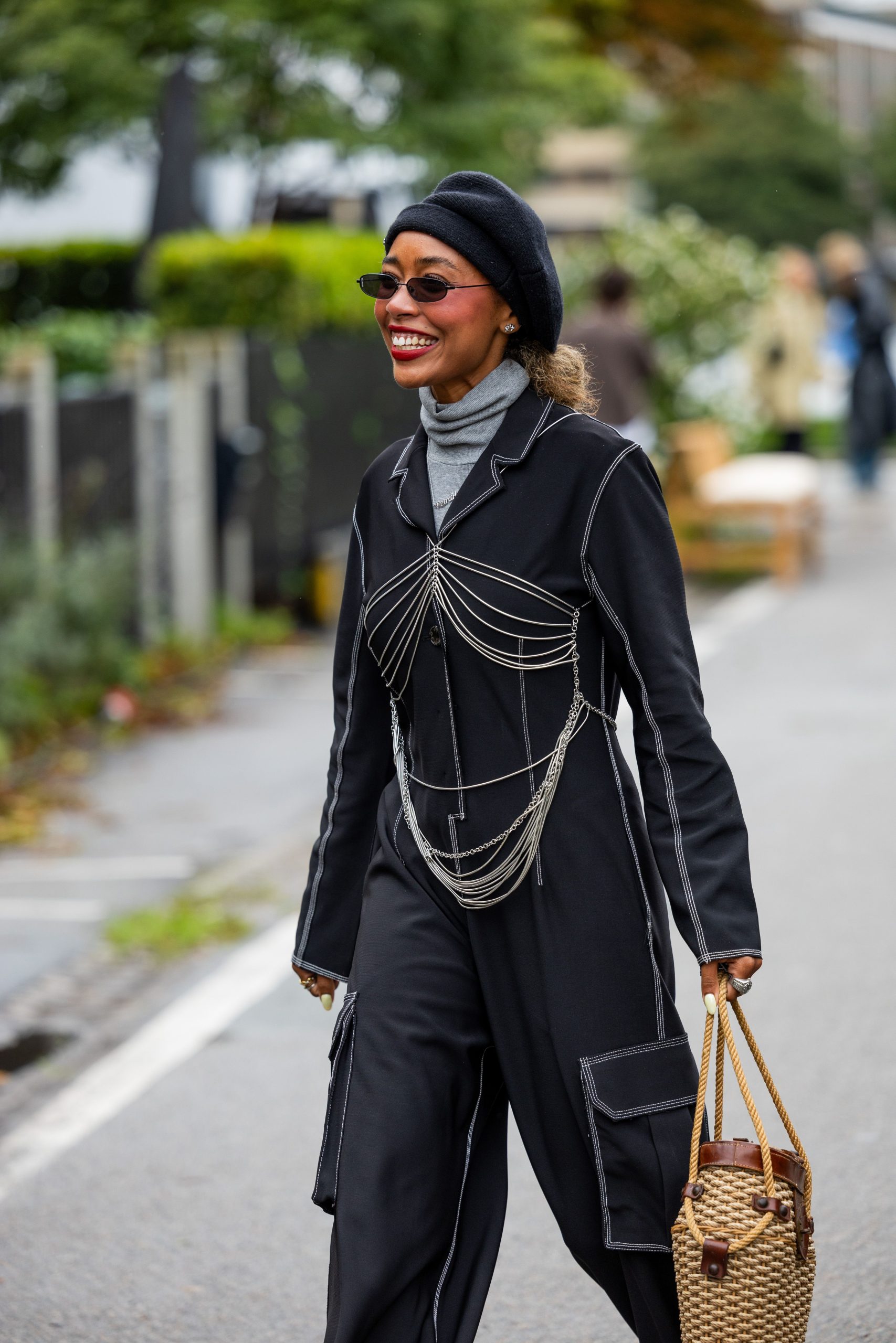 Streetwear Jumpsuit with Black Beret and Chain Harness Streetwear Jumpsuit with Black Beret and Chain Harness — Beret Outfits