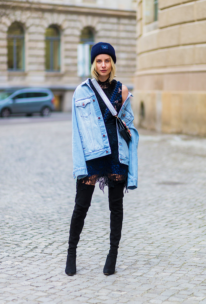 Navy Beanie with Oversized Denim Jacket and Lace Dress Navy Beanie with Oversized Denim Jacket and Lace Dress — Beanie Outfits
