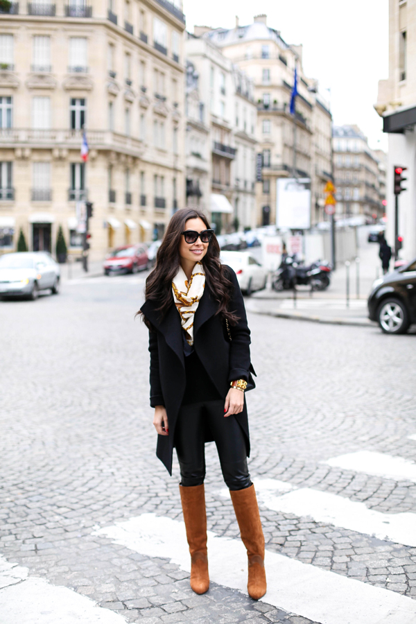 Black Wool Coat with Leather Pants and Patterned Scarf — Paris Winter Outfits