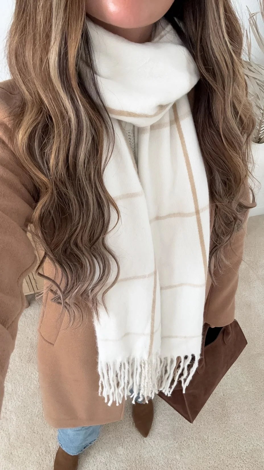 Fringed Scarf Detail on a Camel Coat Fringed Scarf Detail on a Camel Coat — Scarf Outfits