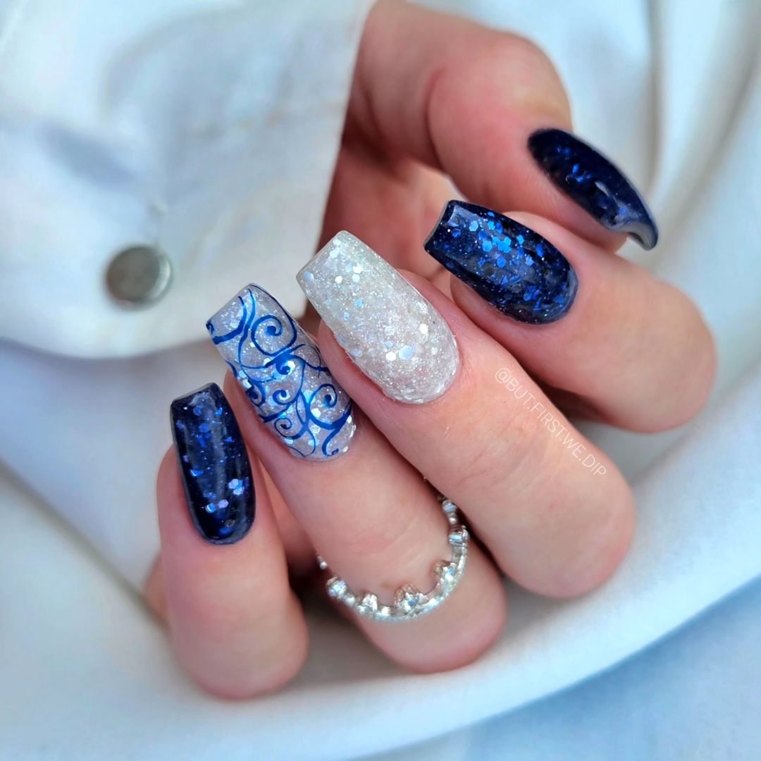 Long Coffin Nails with Blue Swirls and Glitter Long Coffin Nails with Blue Swirls and Glitter — Winter Gel Nails