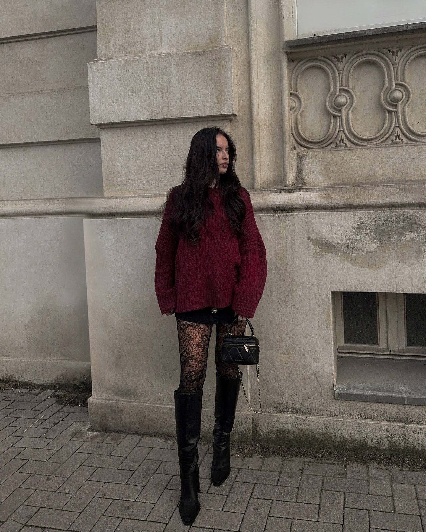 Fall/Winter Style: Burgundy Sweater, Black Mini Skirt, and Knee-High Boots — Black Boots Outfits