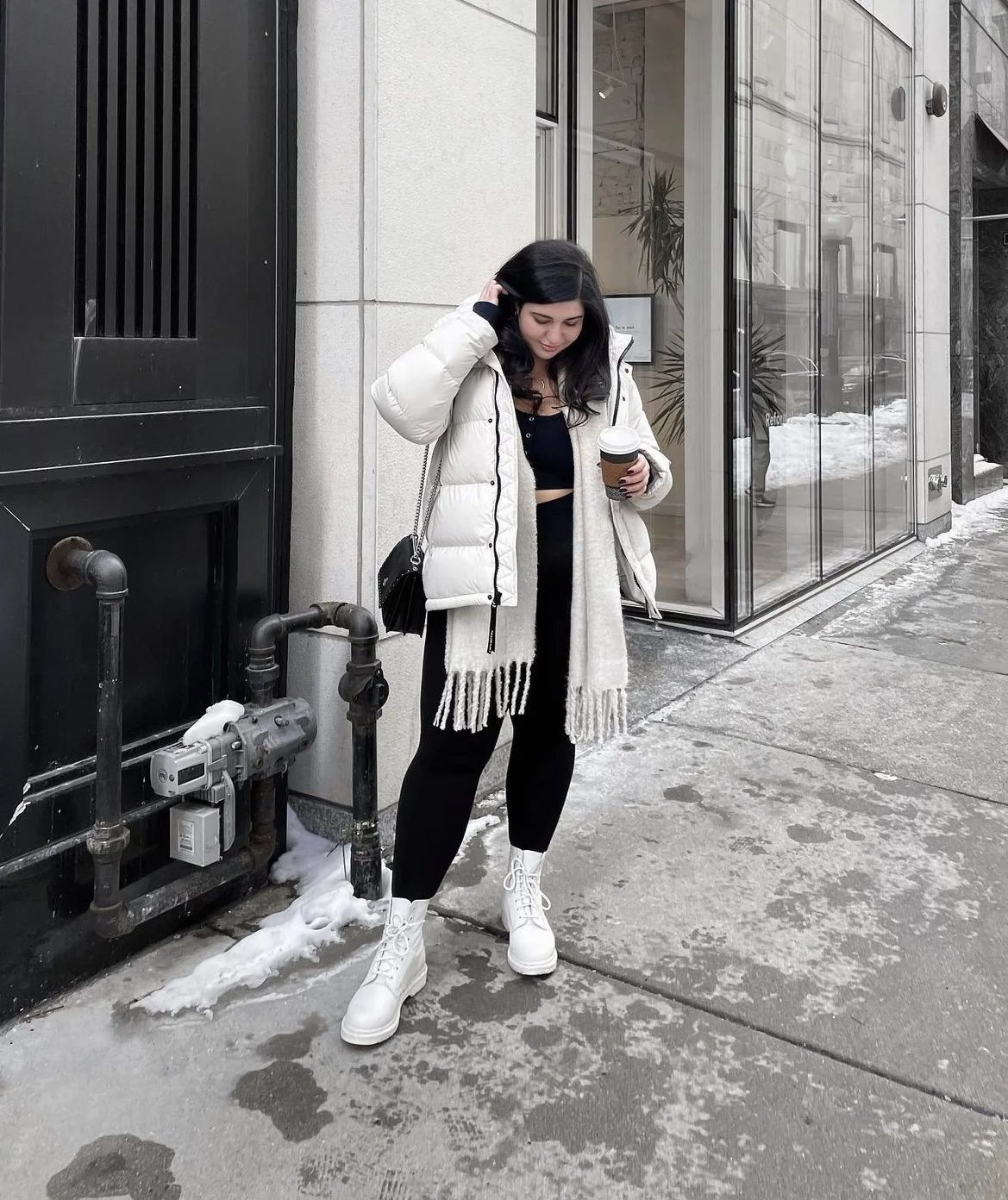 White Puffer Jacket with Combat Boots White Puffer Jacket with Combat Boots — Chicago Winter Outfits