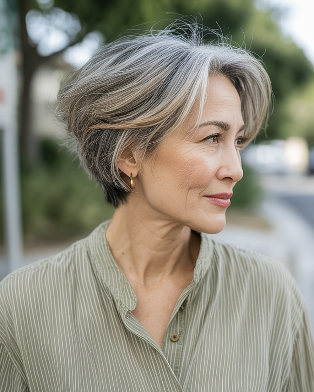 Layered Chin Bob with Gray Highlights Layered Chin Bob with Gray Highlights — Winter Haircuts for Gray Hair