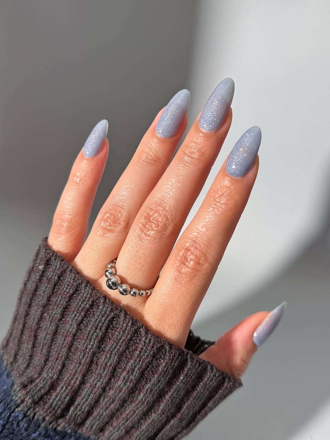 Shimmering Light Blue Grey Long Almond Nails Shimmering Light Blue Grey Long Almond Nails — Winter Nail Colors for Pale Skin