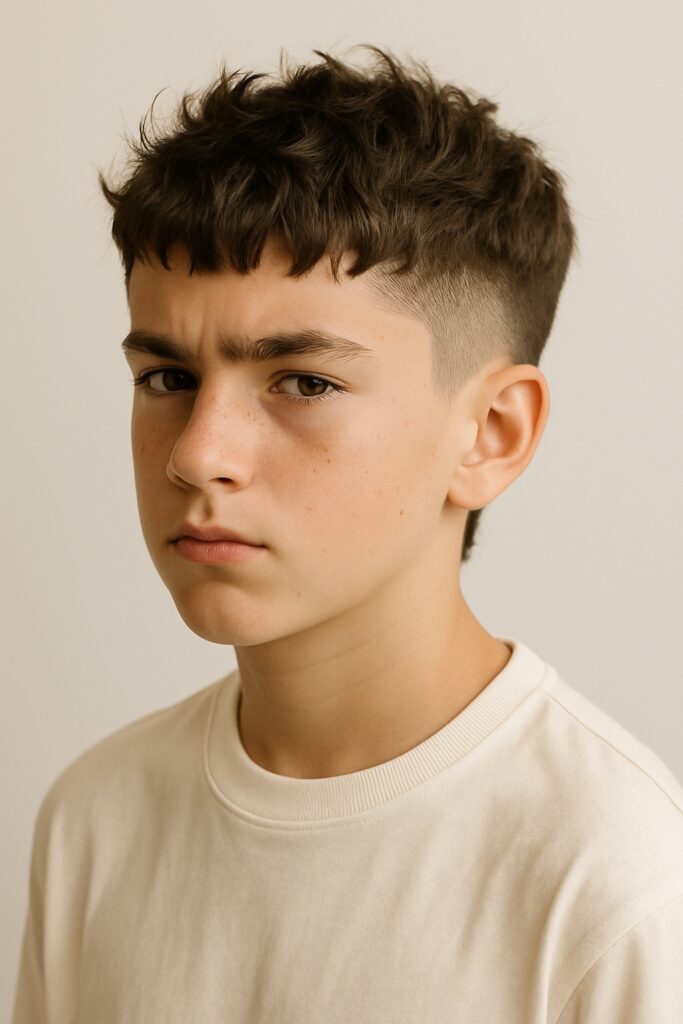 Dark Brown Crop With Fade And Textured Fringe Dark Brown Crop With Fade And Textured Fringe — Winter Haircuts for Boys
