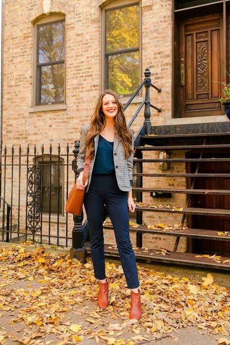 Brown Block-Heel Ankle Boots with Plaid Blazer for Work-Appropriate Casual Brown Block-Heel Ankle Boots with Plaid Blazer for Work-Appropriate Casual — Ankle Boots Outfits