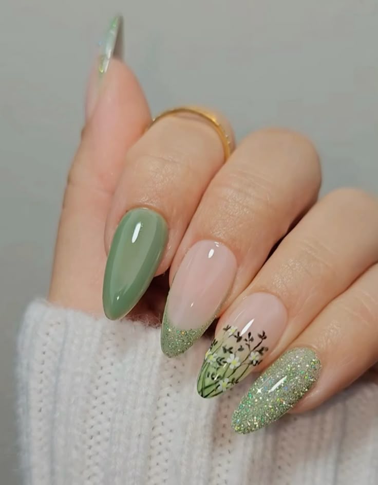 Light Green Floral Art with Glitter Accents Light Green Floral Art with Glitter Accents — green nail designs