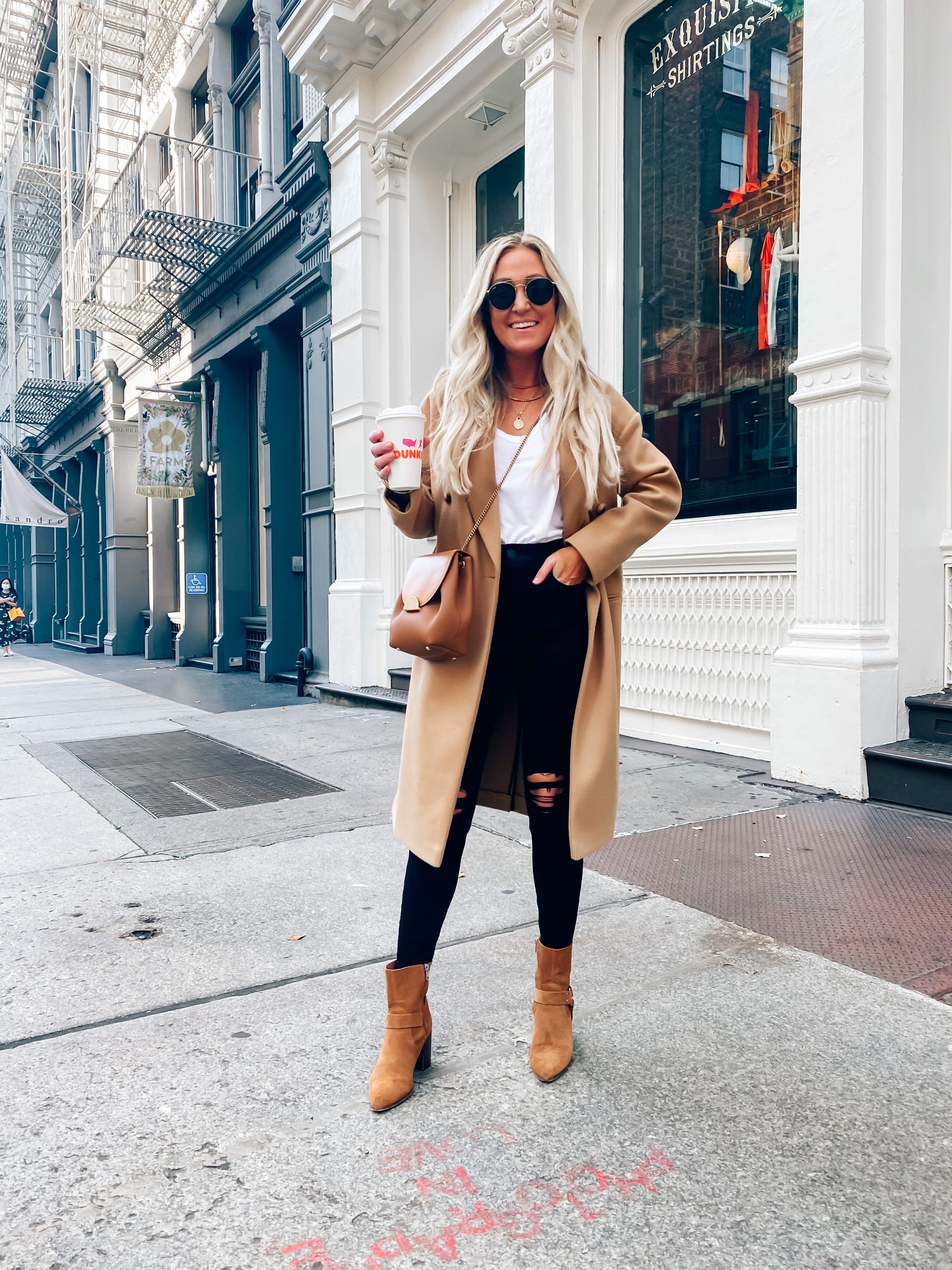 Camel Coat with Ripped Jeans and Suede Boots Camel Coat with Ripped Jeans and Suede Boots — Camel Coat Outfits