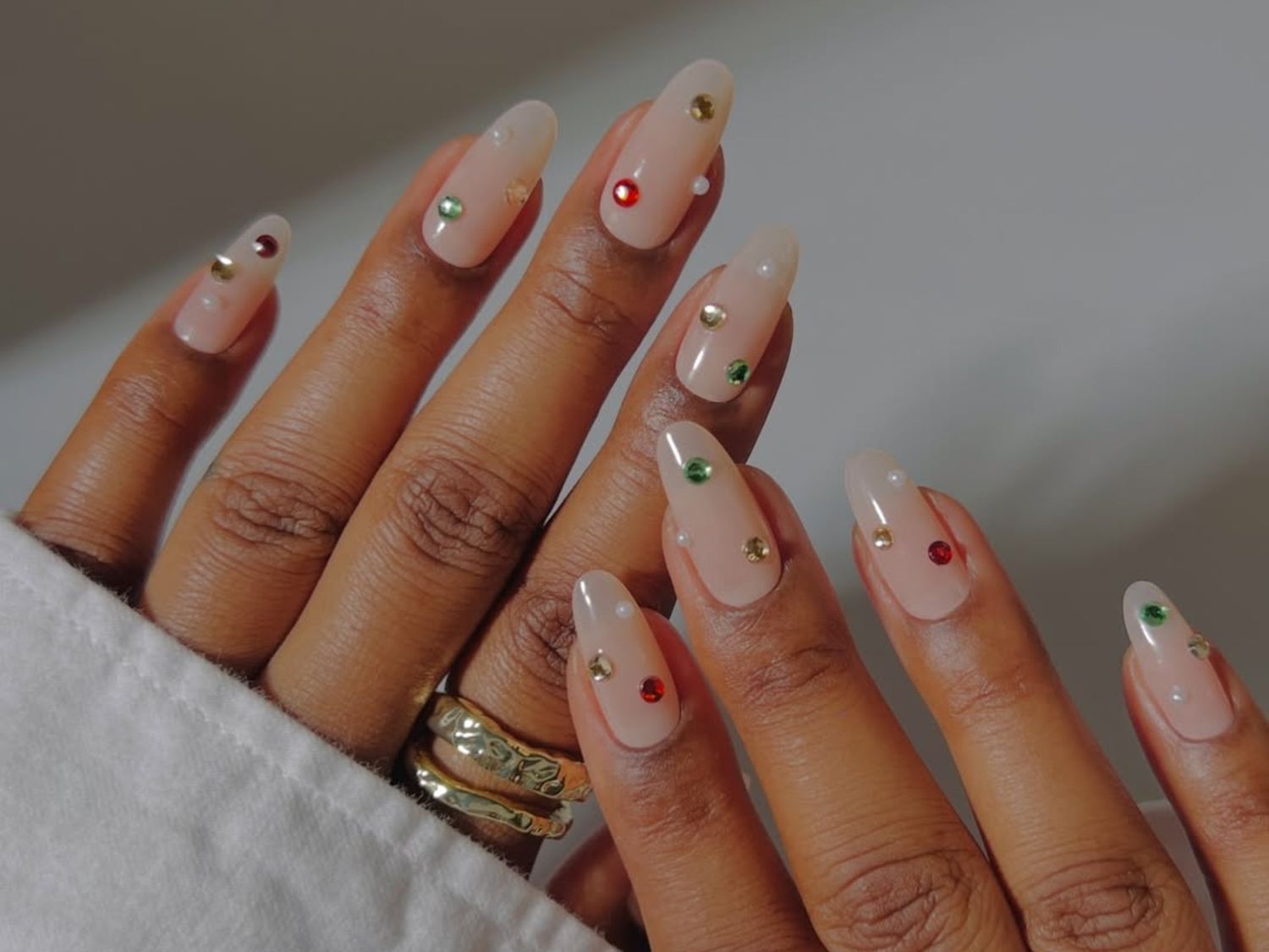 Milky Pink with Rhinestone & Pearl Accents Milky Pink with Rhinestone & Pearl Accents — Winter Nail Colors for Women Over 50