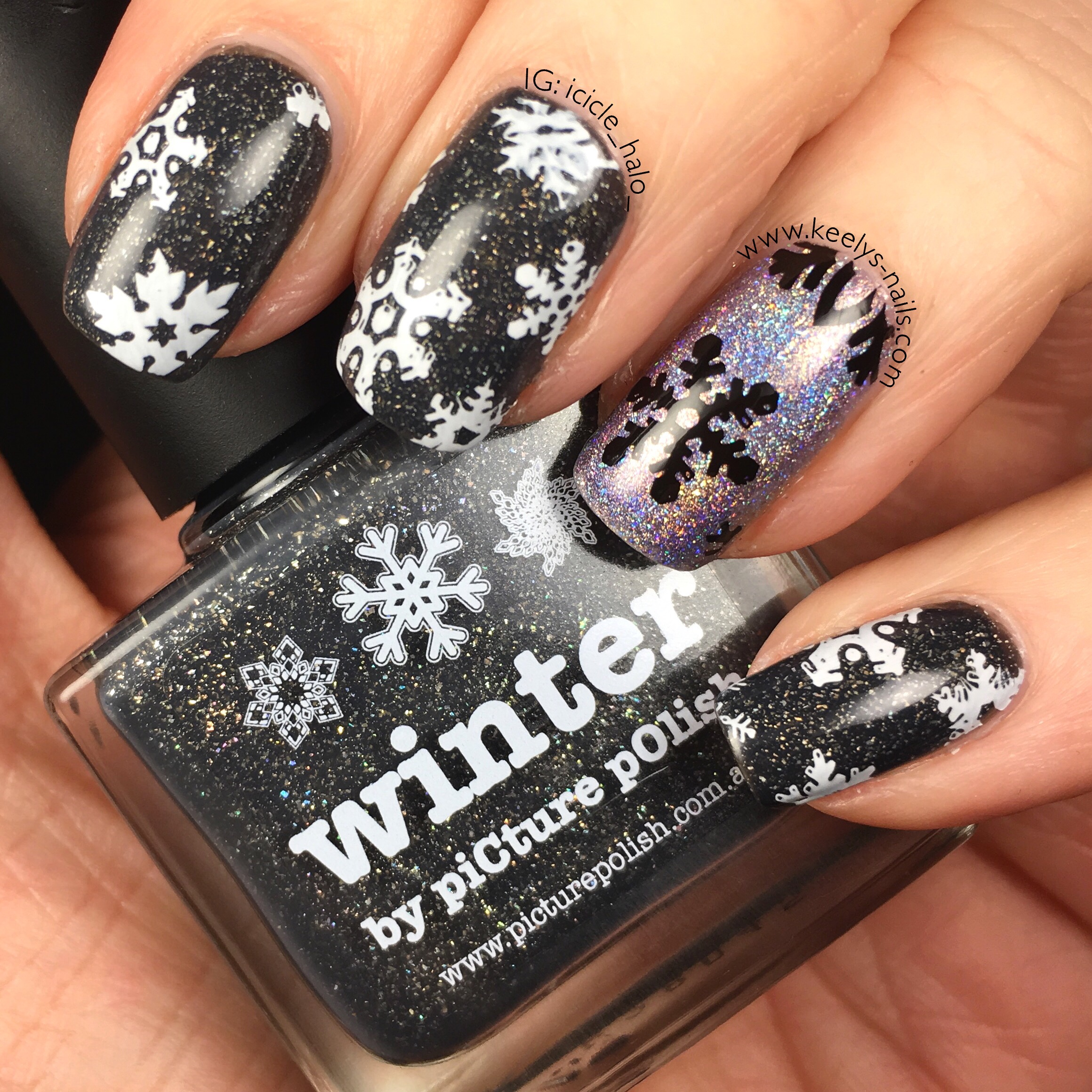 Glossy Black Snowflake Glitter Nails Glossy Black Snowflake Glitter Nails — Winter Black Nails