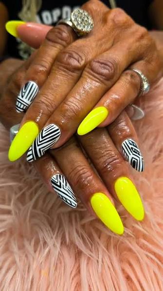 Neon Yellow with Black and White Geometric Patterns Neon Yellow with Black and White Geometric Patterns — yellow nail designs