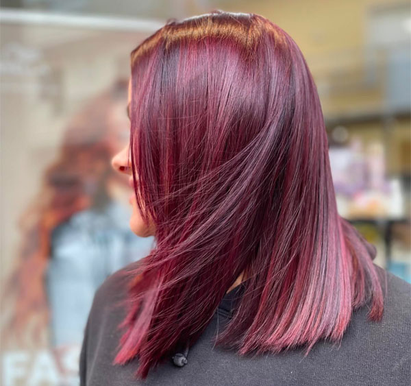 Deep Plum Long Bob With Cherry Red Highlights — Plum Hair Color