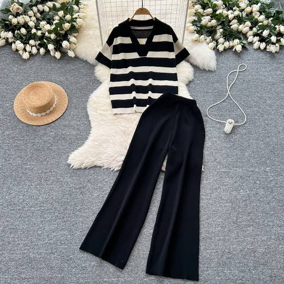 Black and White Striped Knit Top and Pants — Knit Set Outfits