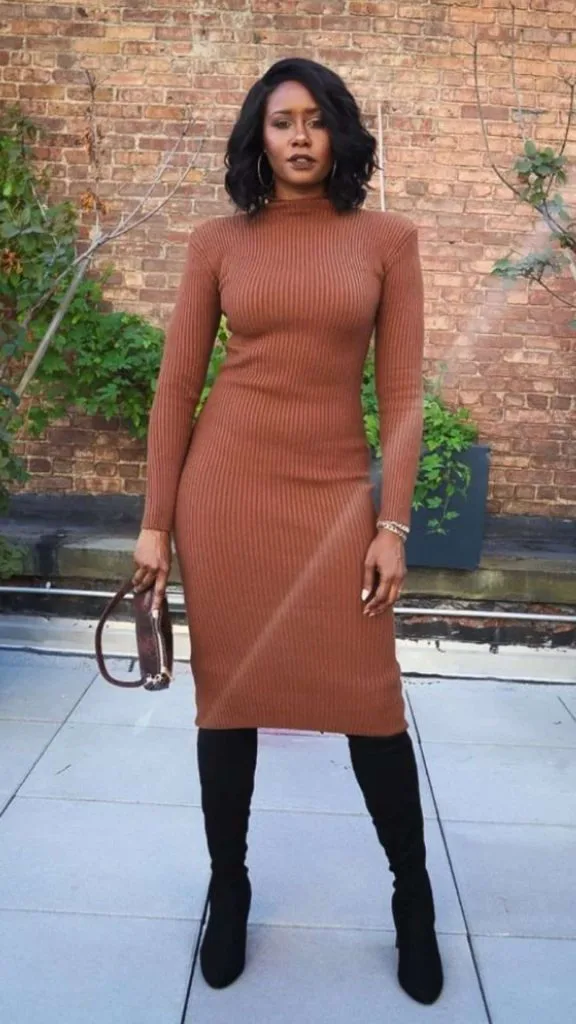 Fitted Brown Ribbed Knit Dress with Suede Boots Fitted Brown Ribbed Knit Dress with Suede Boots — Winter Outfits for Black Girls