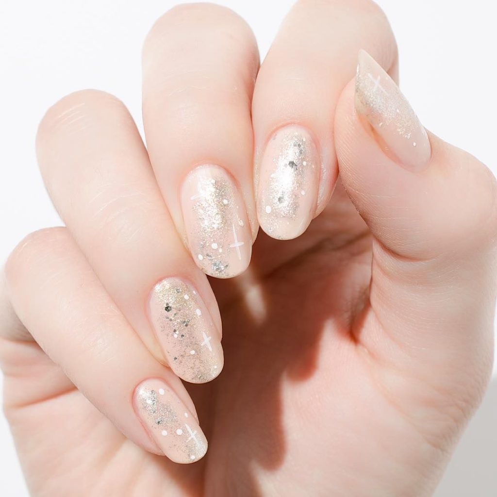 Pale Nude Glitter Cross Motif Nails Pale Nude Glitter Cross Motif Nails — Winter Wedding Nails
