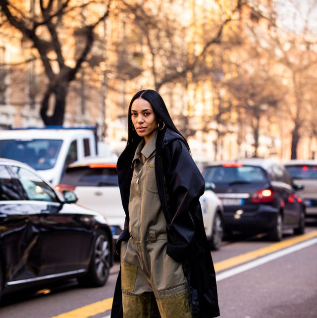 Olive Green Jumpsuit Under Oversized Black Coat — Grunge Winter Outfits