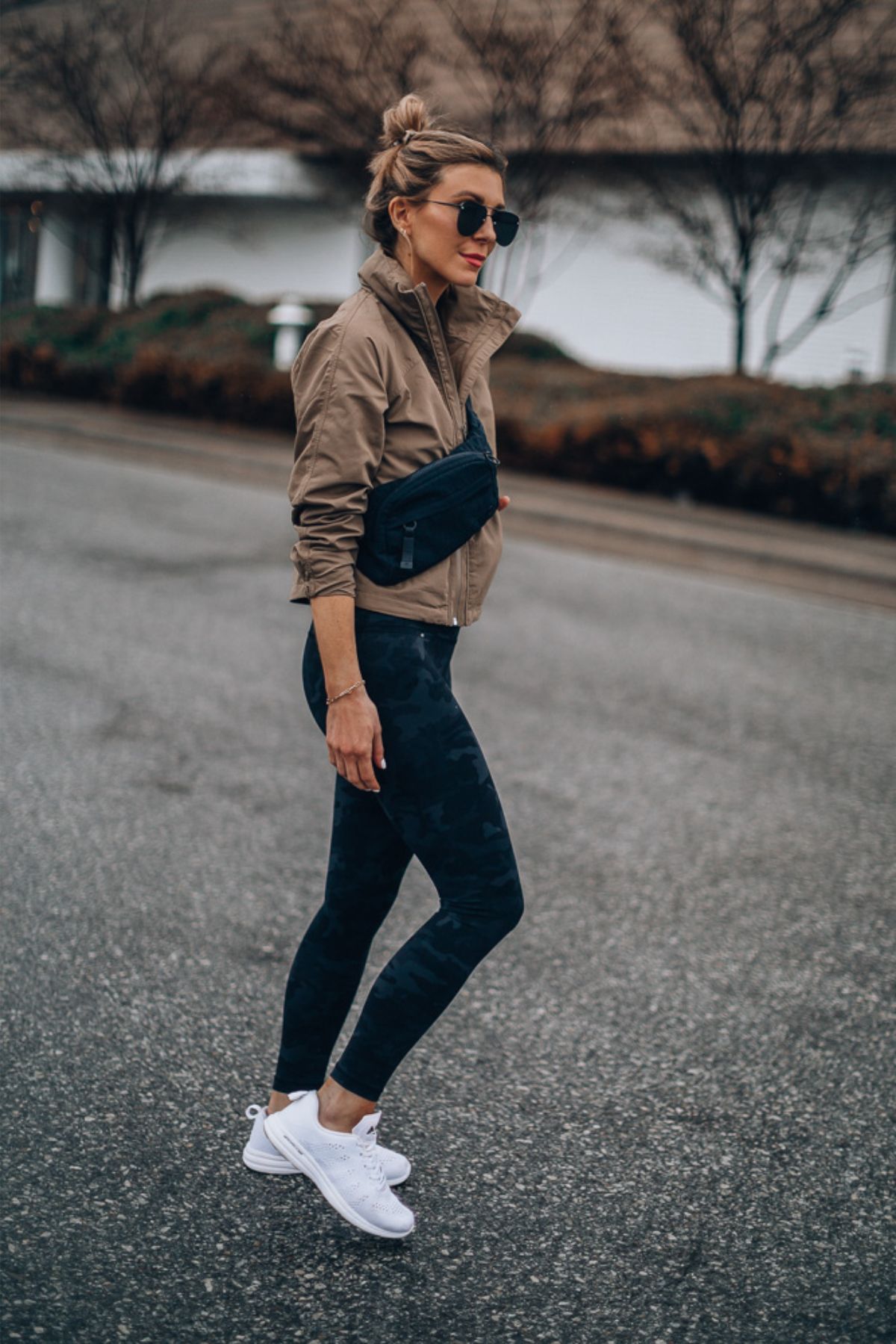 Camouflage Leggings and Tan Jacket for Athleisure Style — Winter Workout Outfits