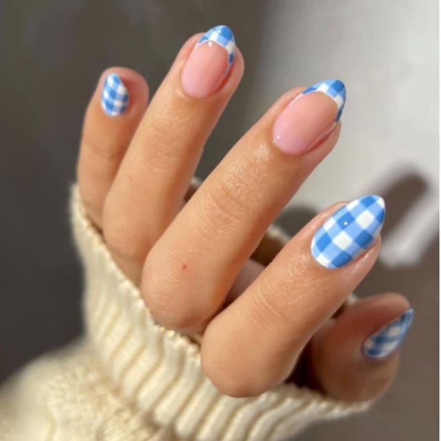 Gingham Pattern French Tip Almond Nails Gingham Pattern French Tip Almond Nails — Winter to Spring Transition Nails