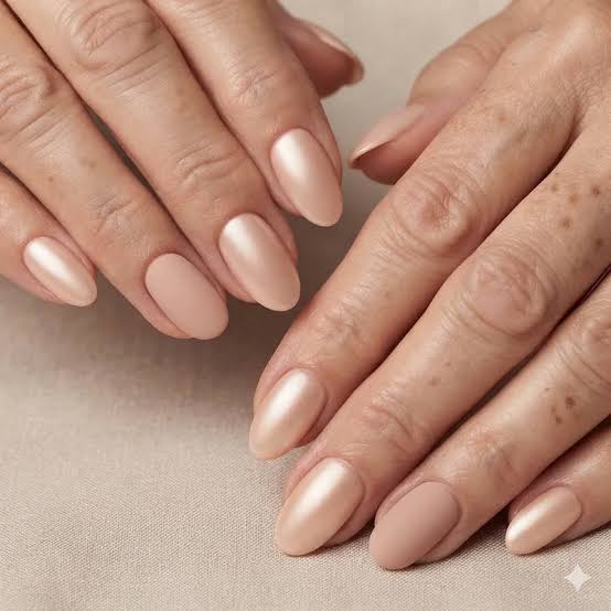 Pearlescent Beige Shimmer Nails — Winter Nail Colors for Women Over 70