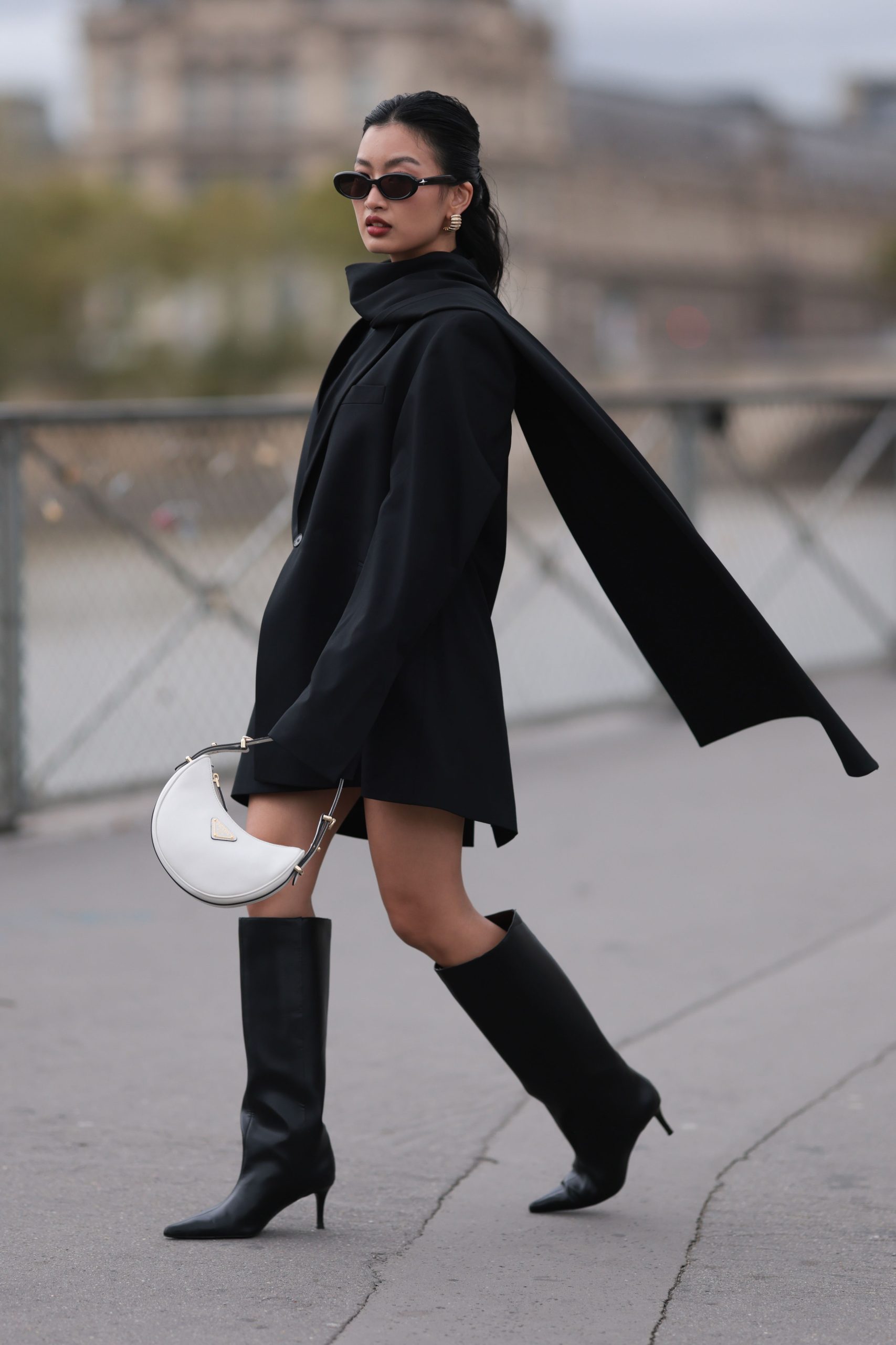 Dramatic Flair: Oversized Blazer with Scarf Detail and Black Heeled Boots — Knee High Boots Outfits