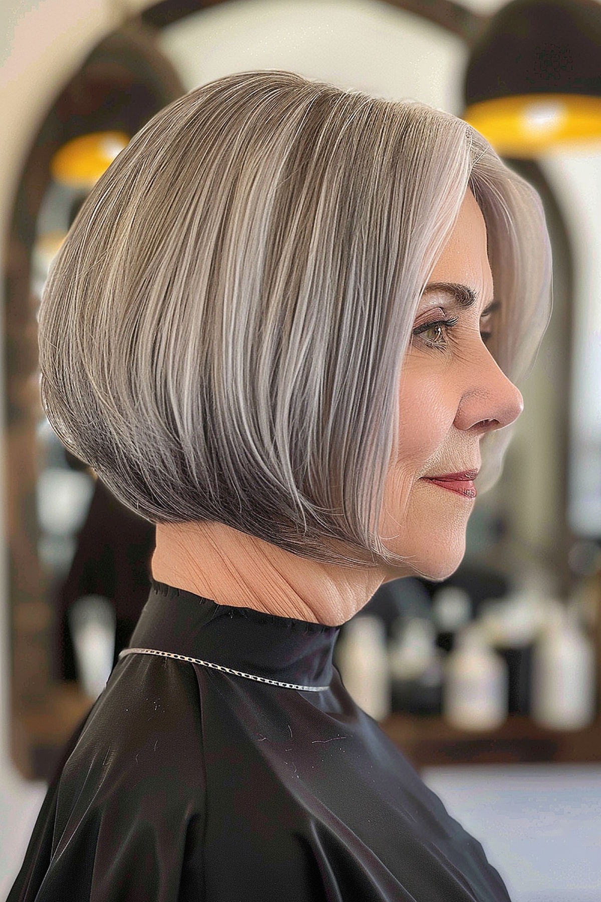 Stacked Bob With Gray Silver Highlights — Winter Hair Colors for Women Over 60