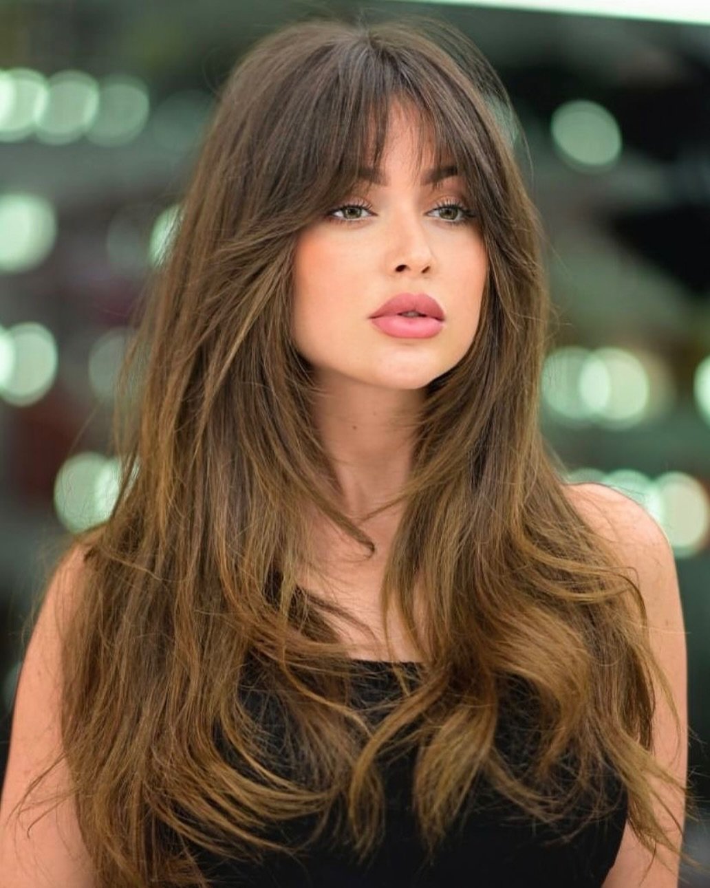 Long Layers Dark Brown Waves Long Layers Dark Brown Waves — Winter Haircuts with Curtain Bangs