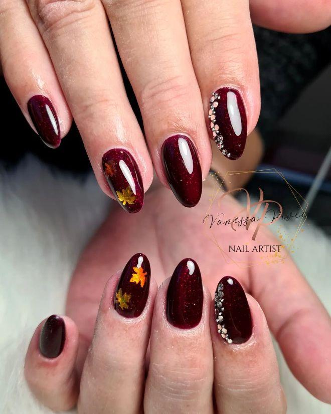 Oval with Golden Fall Leaf Decals Oval with Golden Fall Leaf Decals — Black Cherry Nails