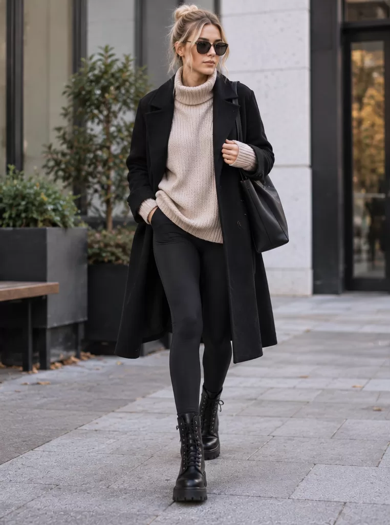 Cozy Daytime Look with Oversized Knit and Wool Coat Cozy Daytime Look with Oversized Knit and Wool Coat — Combat Boots Outfits